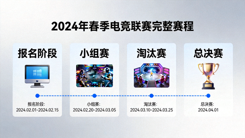 2024年春季电竞联赛完整赛程时间轴图示 - 清晰展示报名、小组赛、淘汰赛、总决赛四个阶段