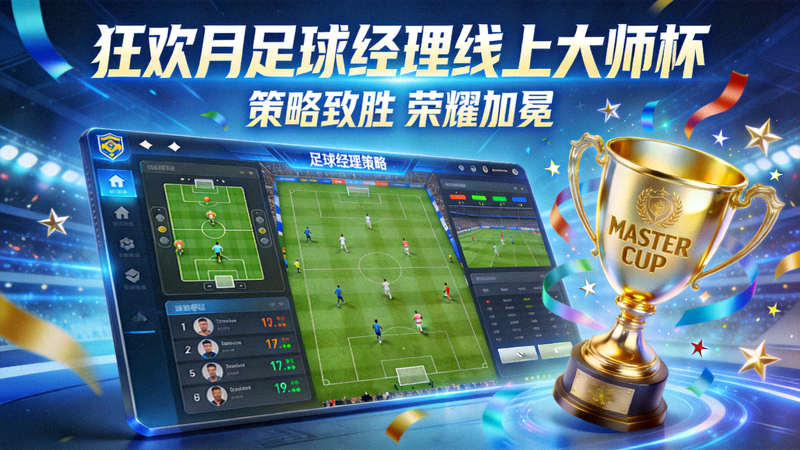 “狂欢月”足球经理线上大师杯赛事宣传图 - 展示策略游戏界面与奖杯