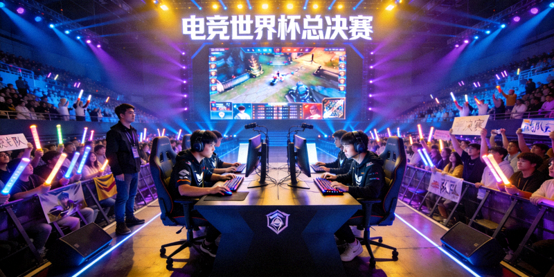 电竞世界杯总决赛现场，两支顶级战队在舞台上激烈对抗，观众席爆满